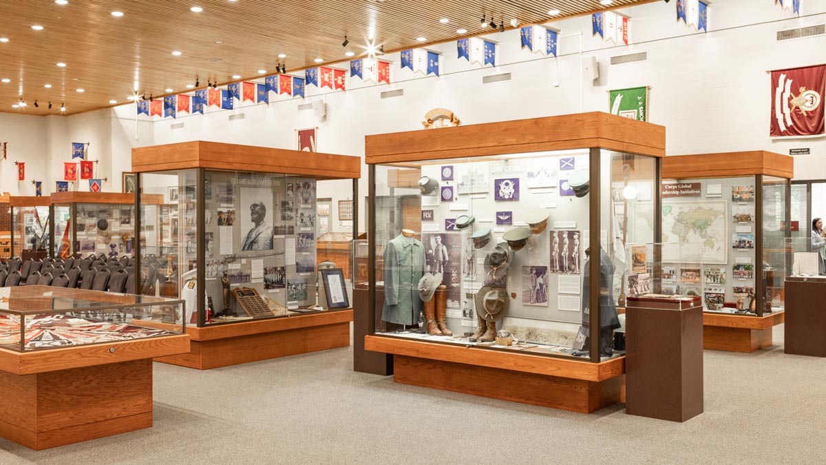 Exhibit of military uniforms and equipment in the Sam Houston Sanders Corps of Cadets Center