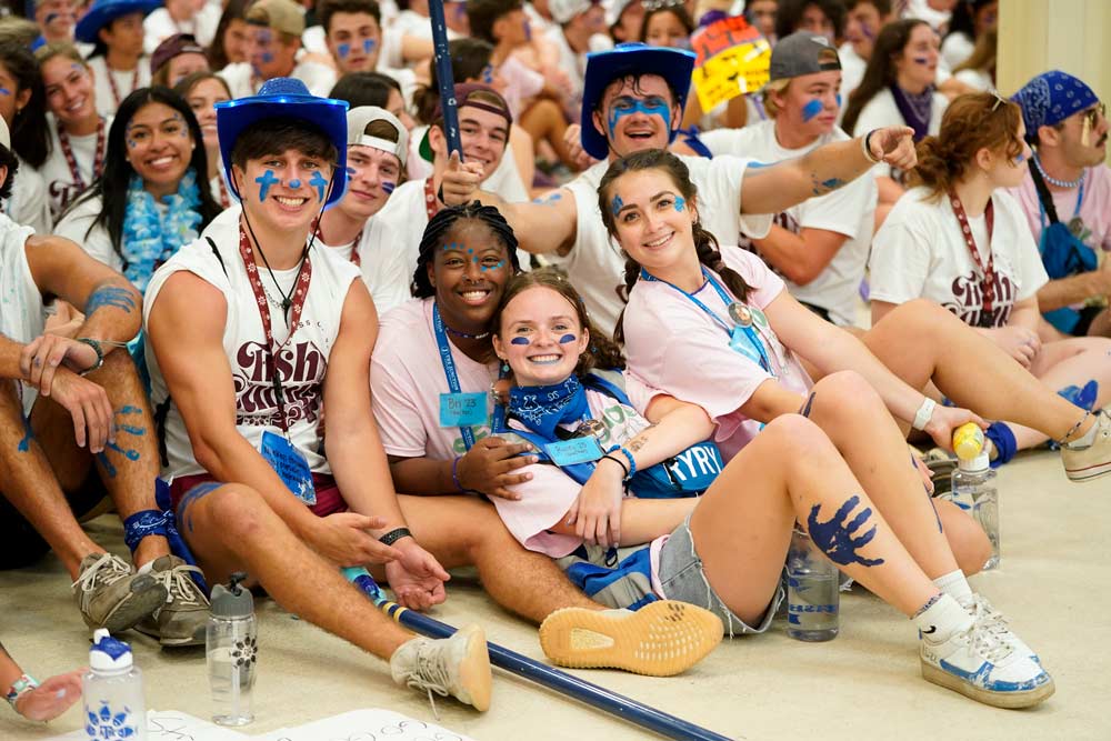 Fish Camp counselors posing with students before Yell Off