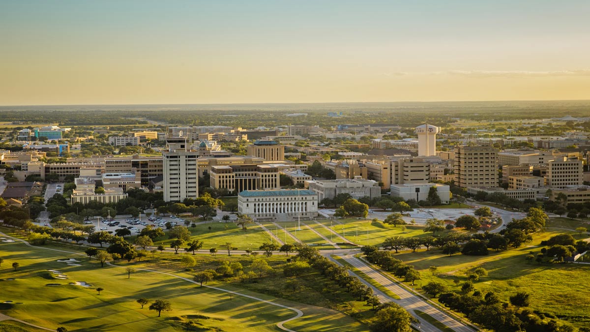 Aerial view of the Texas A&M University College Station campus