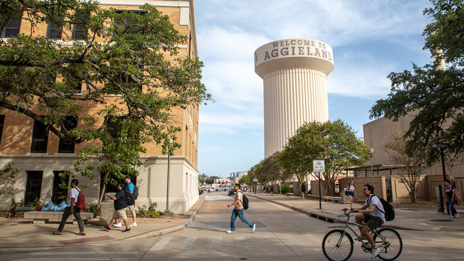 Texas A&M University campus with students walking