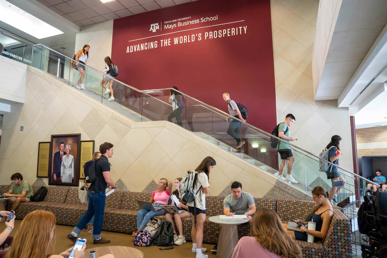 Students work on assignments and collaborate in the study spaces of the Wehner building on Texas A&M's west campus