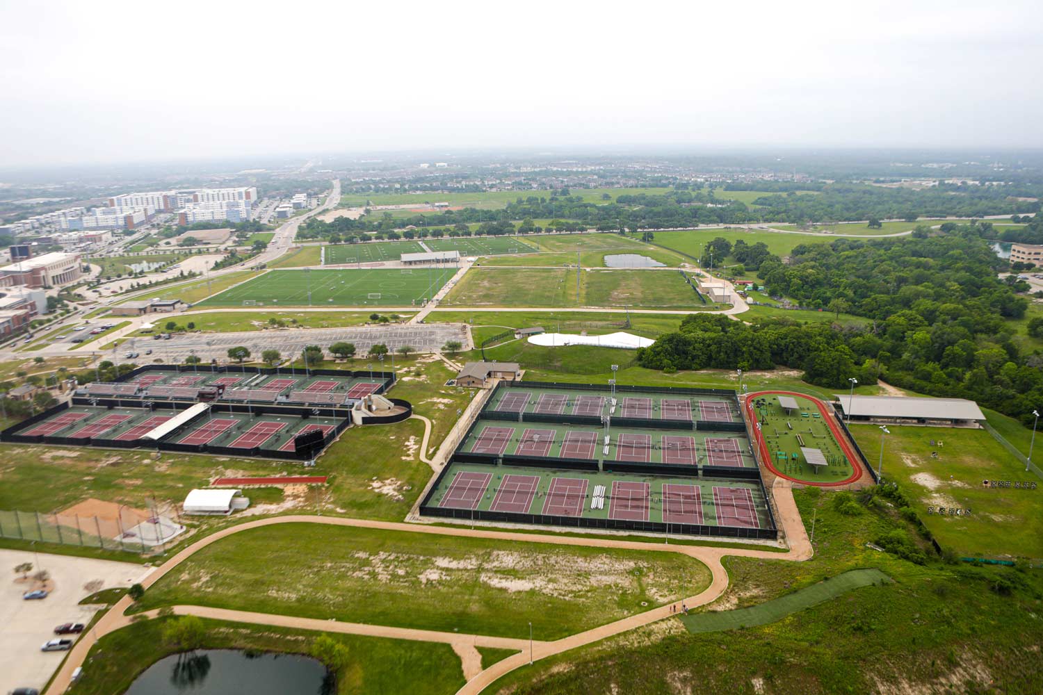 Aerial view of the tennis courts at Texas A&M