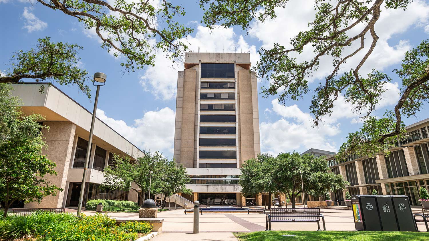 Exterior photo of Rudder Tower and the Rudder plaza