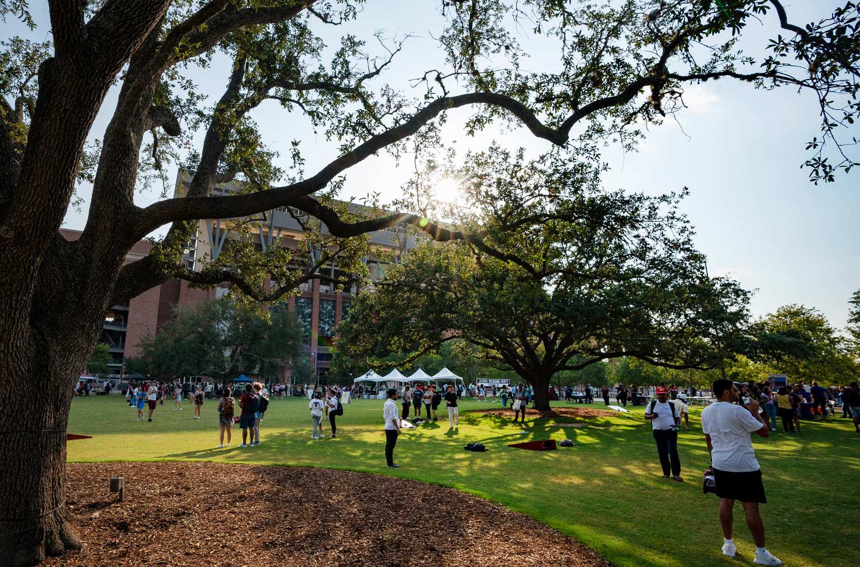 Students in Aggie Park with Kyle Field in the distance